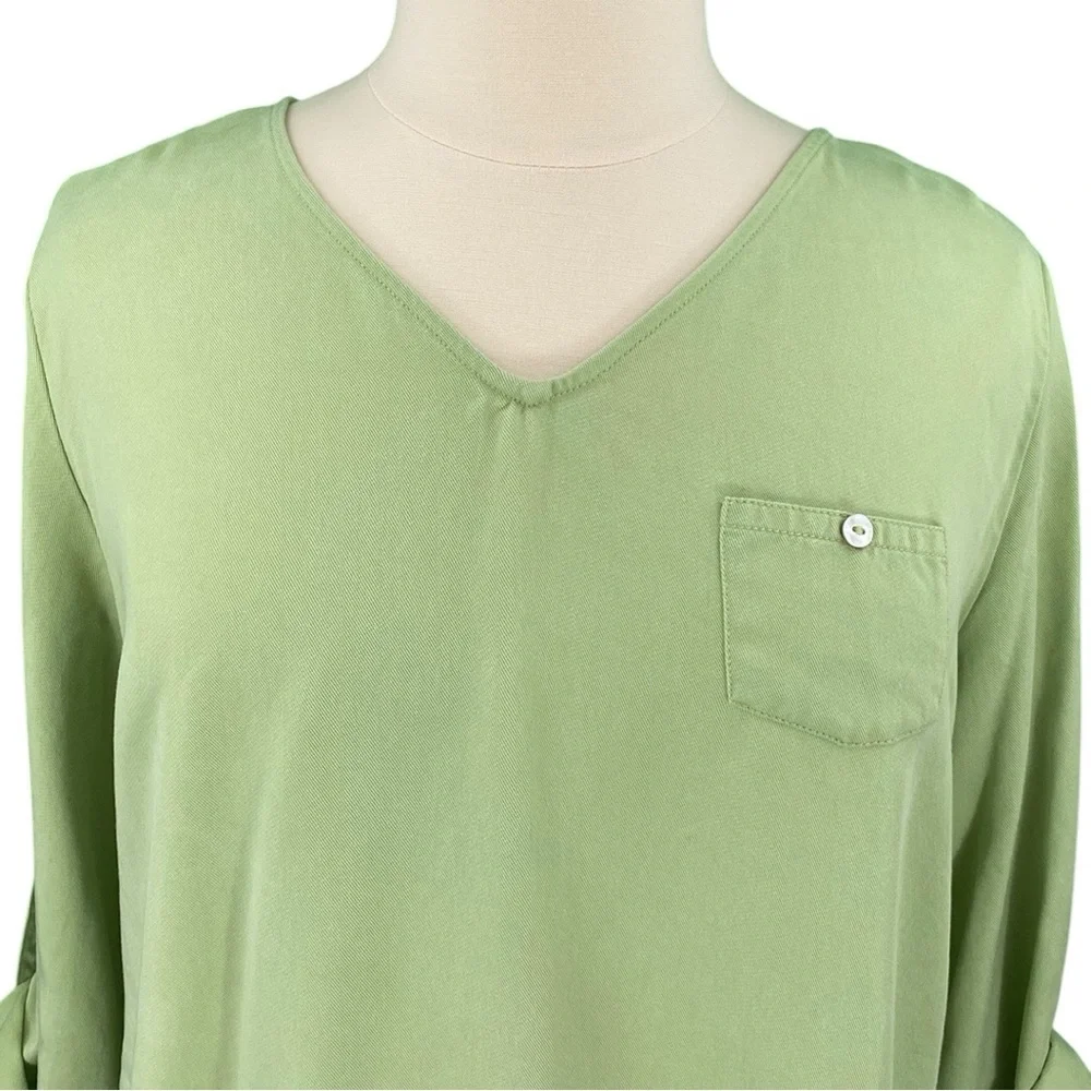 Soft Surroundings Lime Green 100% Tencel Casual Roll Sleeve Pullover Tunic Top - Picture 3 of 16